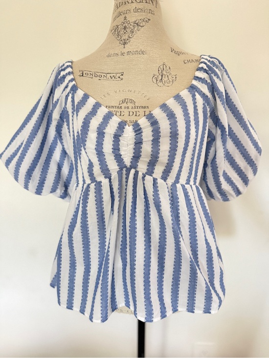 Vineyard Vines Tops - Vineyard Vines Blue and White Striped Puff-Sleeve Peplum Blouse